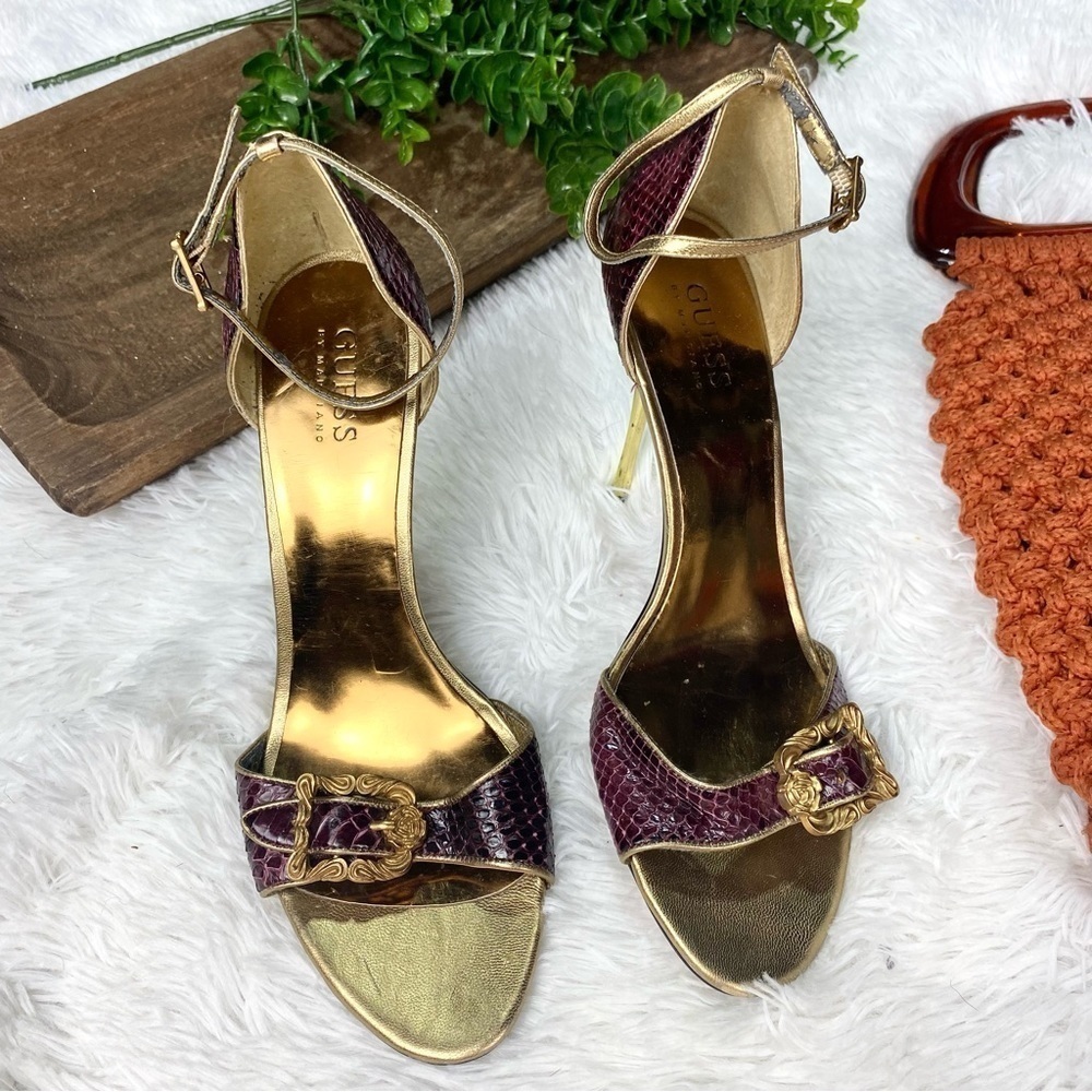 Guess gold colored maroon snakeskin buckle open toe stilettos heels 8